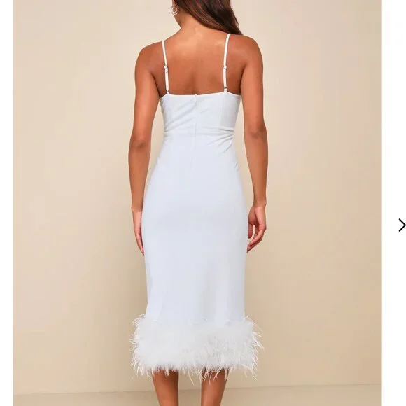 Lulus Passion For Glamour White Sleeveless Bustier Feather Midi Dress - Size L - Picture 2 of 5